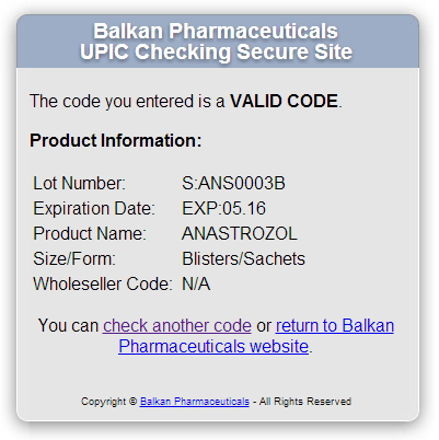 Проверка Anastrozol 1mg (Balkan Pharmaceuticals) с помощью кода