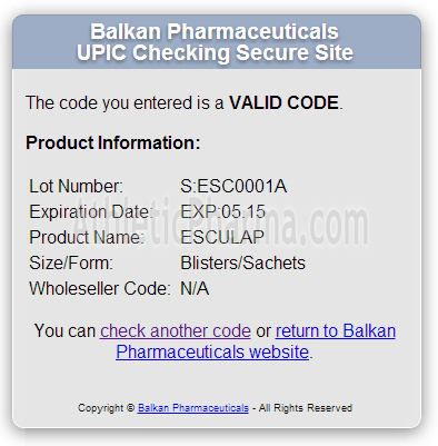 Проверка Esculap 5tab (Balkan Pharmaceuticals) с помощью кода
