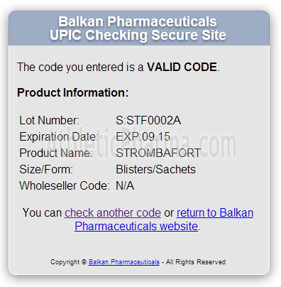 Проверка Strombafort (Balkan Pharmaceuticals) с помощью кода
