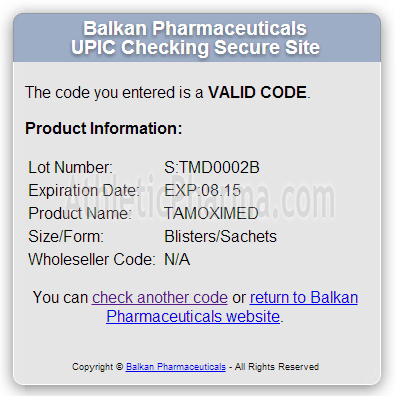 Проверка Tamoximed 20 (Balkan Pharmaceuticals) с помощью кода
