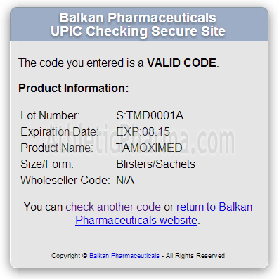 Проверка Tamoximed 10 (Balkan Pharmaceuticals) с помощью кода
